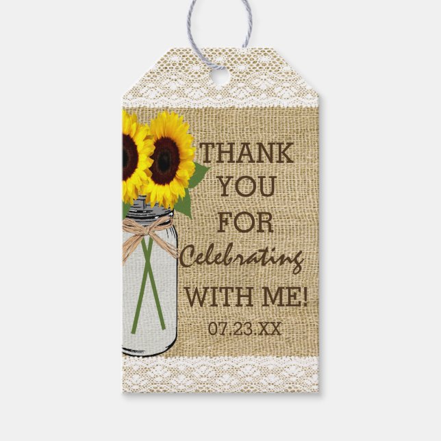 Étiquettes-cadeau Mason Jar avec tournesol Douche nuptiale (Devant)