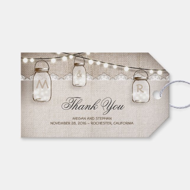 Étiquettes-cadeau Mason Jar Chaîne Lumières Mariage Burlap (Devant (Horizontal))