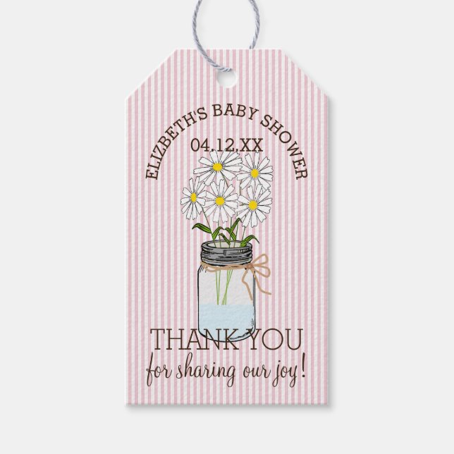 Étiquettes-cadeau Mason Jar sur Pink Stripes Baby shower Merci (Devant)