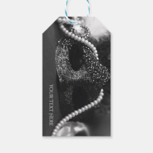 Étiquettes-cadeau Masque de bal masqué noir et blanc et perles