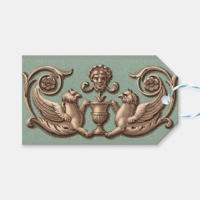 Étiquettes-cadeau masque grec ancien entre deux phoenixes (Devant (Horizontal))