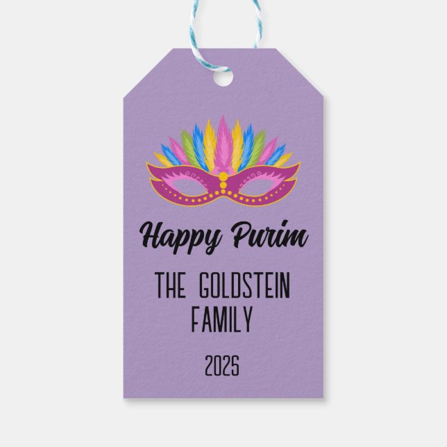 Étiquettes-cadeau Masque pourpre avec plumes Nom de famille (Dos)