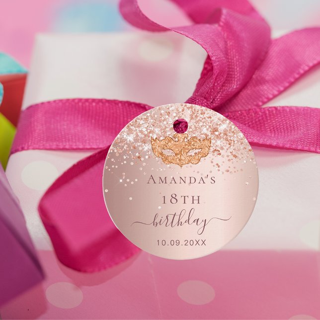 Étiquettes Cadeau Masquerade anniversaire rose or parties scintillan (Créateur téléchargé)