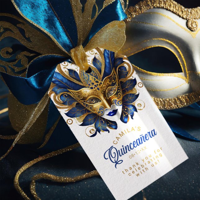 Étiquettes-cadeau Masquerade Quinceanera Bleu Or ID1031 (Créateur téléchargé)
