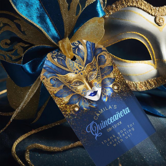Étiquettes-cadeau Masquerade Quinceanera Bleu Or V2 ID1031 (Créateur téléchargé)