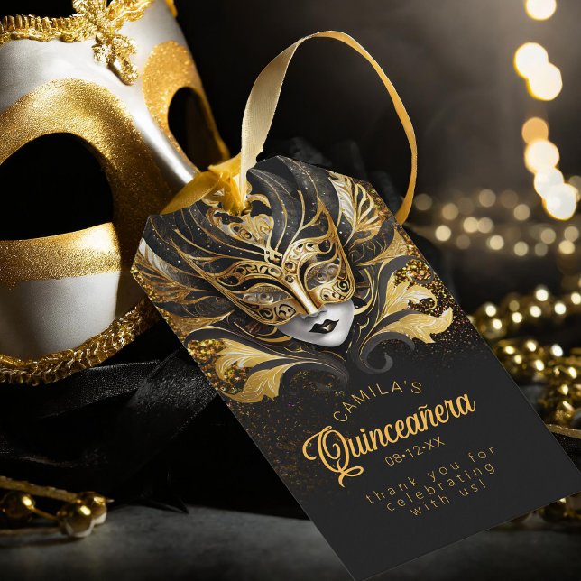 Étiquettes-cadeau Masquerade Quinceanera Noir Or V2 ID1031 (Créateur téléchargé)