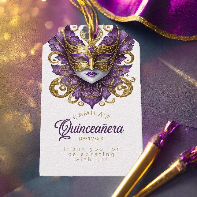 Étiquettes-cadeau Masquerade Quinceanera Violet Doré ID1031 (Créateur téléchargé)