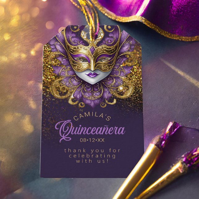 Étiquettes-cadeau Masquerade Quinceanera Violet Or V2 ID1031 (Créateur téléchargé)
