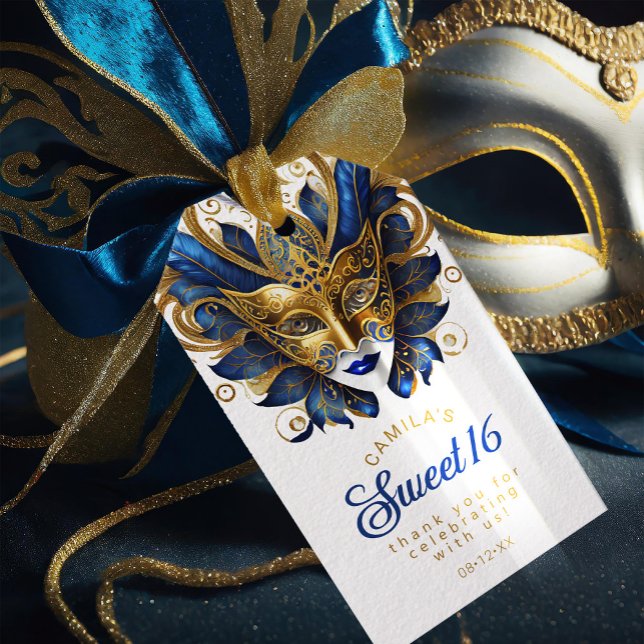 Étiquettes-cadeau Masquerade Sweet 16 Bleu Or ID1032 (Créateur téléchargé)