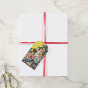 Étiquettes-cadeau Matin de Noël vintage, enfants ouvrant des cadeaux