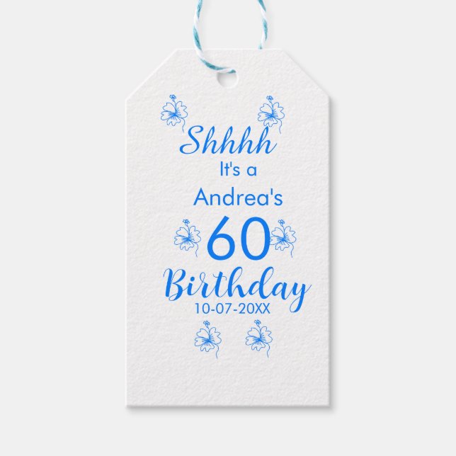 Étiquettes-cadeau Mauve blanche bleu shhh nom floral 60e anniversair (Devant)