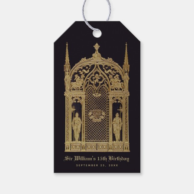 Étiquettes-cadeau Médiéval Thème Anniversaire Noir Gold Gothique Che (Devant)