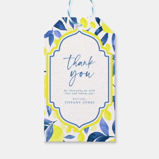 Étiquettes-cadeau Mediterranean Blue Yellow Lemons Bridal Shower (Devant)