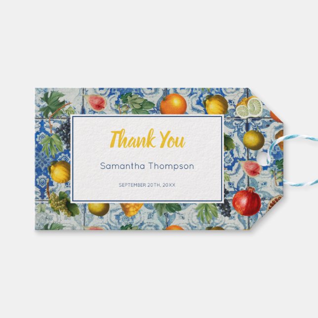 Étiquettes-cadeau Méditerranée Fruit Mosaïque Bleue (Devant (Horizontal))