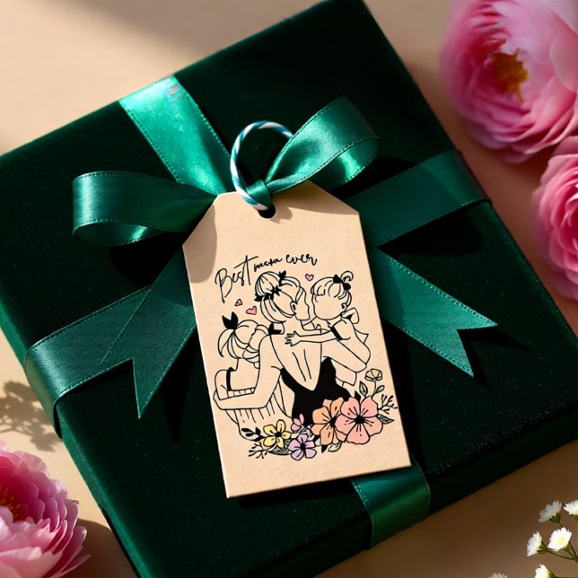 Étiquettes-cadeau Meilleure maman maman jamais maman, enfants et fle (Best Mom Ever Floral Mother and Children Gift Tags)