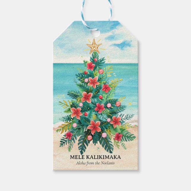 Étiquettes-cadeau Mele Kalikimaka Plage Tropicale Arbre Palmier Noël (Devant)