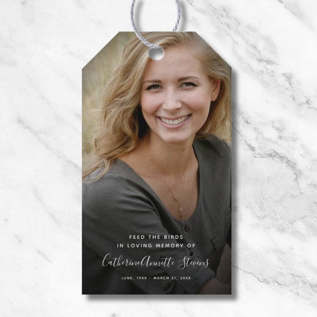 Étiquettes-cadeau Memorial Photo Wild Bird Seed Funeral Keepsake Gi (Photo Memorial Birdseed Gift Tag)