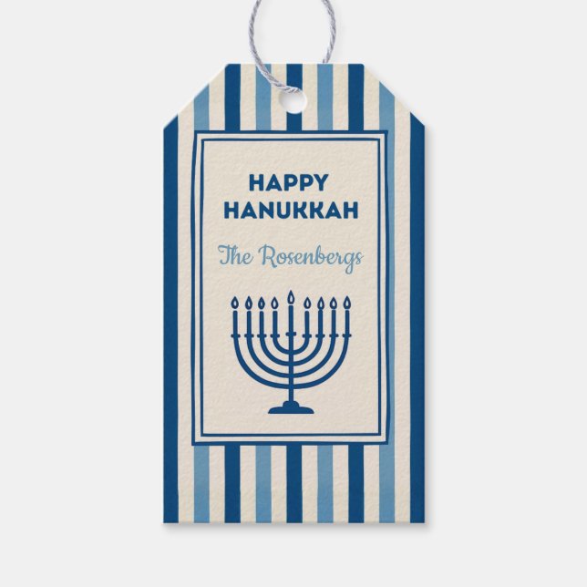 Étiquettes-cadeau Menorah de Hanoukka à rayures sur mesure tendance  (Devant)