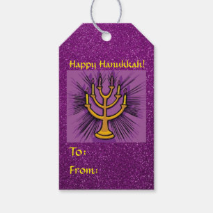 Étiquettes-cadeau Menorah Jaune Purple Faux Parties scintillant