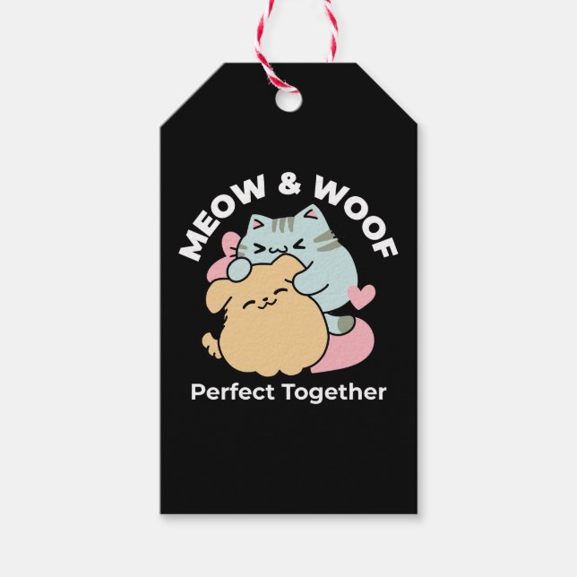 Étiquettes-cadeau Meow & Woof Perfect Together - Cute Cat and Dog (Devant)