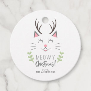 Étiquettes Cadeau Meowny Christmas Chat mignon avec Antlers Holiday