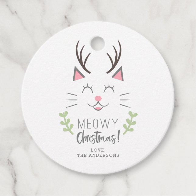 Étiquettes Cadeau Meowny Christmas Chat mignon avec Antlers Holiday (Devant)