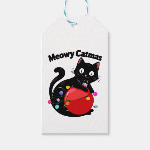 Étiquettes-cadeau Meowy Catmas - Chat avec ornement de Noël