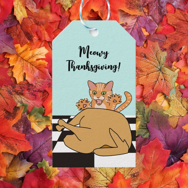 Étiquettes-cadeau Meowy Thanksgiving Drôle chat Turquie Dessin (Créateur téléchargé)
