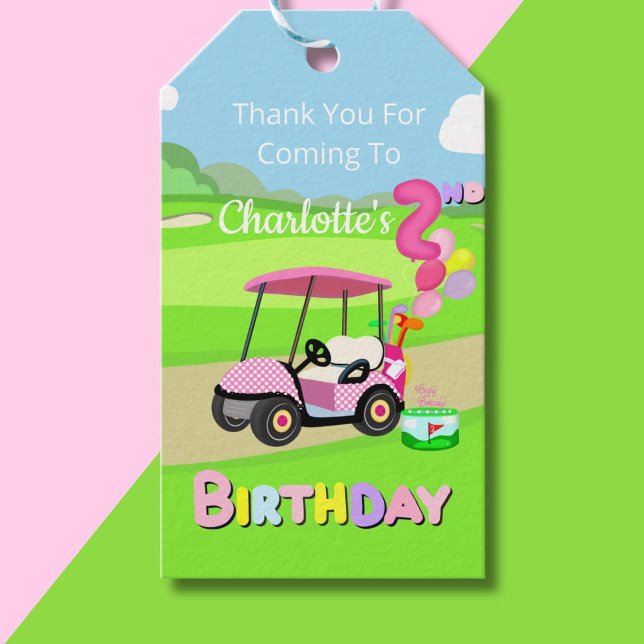 Étiquettes-cadeau Merci 2e Anniversaire Polka Dot Rose Girl Golf (Créateur téléchargé)