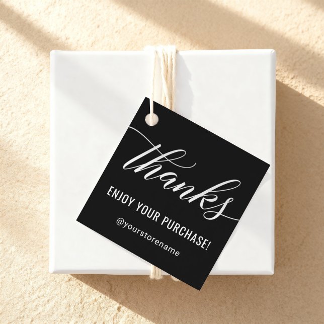 Étiquettes Cadeau Merci à White Modern Script Black Merci Squa (Créateur téléchargé)