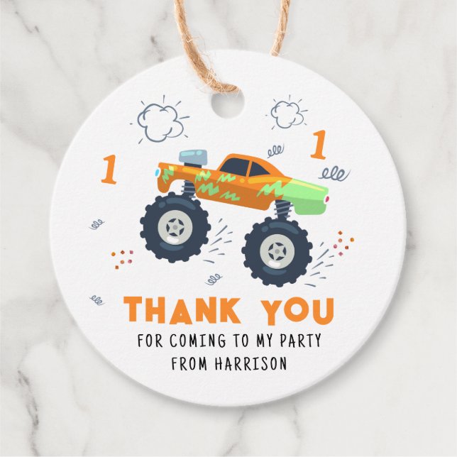 Étiquettes Cadeau Merci Anniversaire Moderne Monster Car Trucs Nom (Devant)