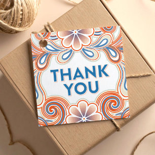Étiquettes Cadeau Merci avec des fleurs orange rétro et des volutes