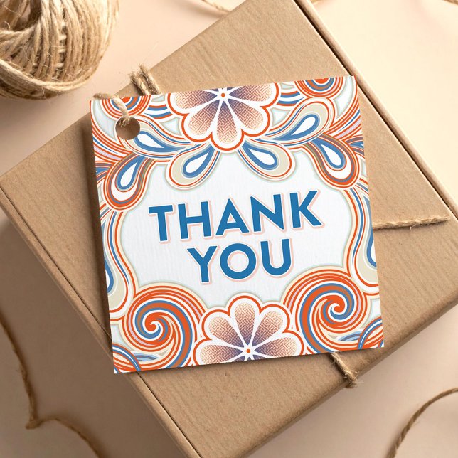 Étiquettes Cadeau Merci avec des fleurs orange rétro et des volutes (Créateur téléchargé)