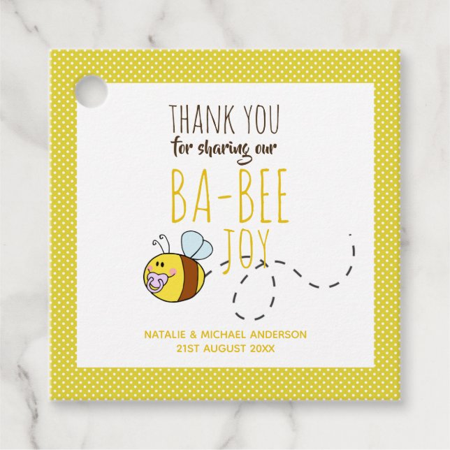 Étiquettes Cadeau Merci BA-BEE Baby shower Polkadot jaune (Devant)