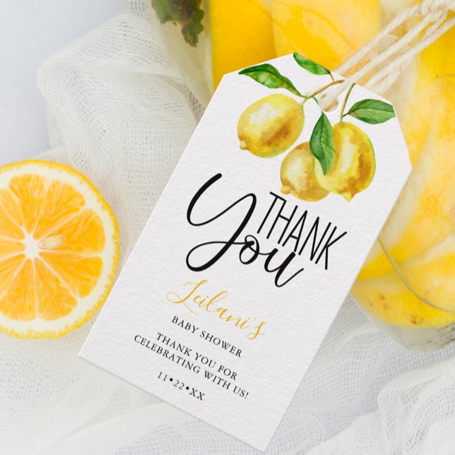 Étiquettes-cadeau Merci Baby shower citron aquarelle (Lemon watercolor baby shower thank you gift tag perfect for that summer citrus fruit shower.)