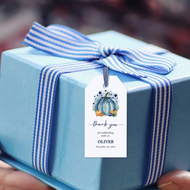 Étiquettes-cadeau Merci Baby shower Citrouille petit bleu (thznk you gift tag blue pumpkin boy babyshower)