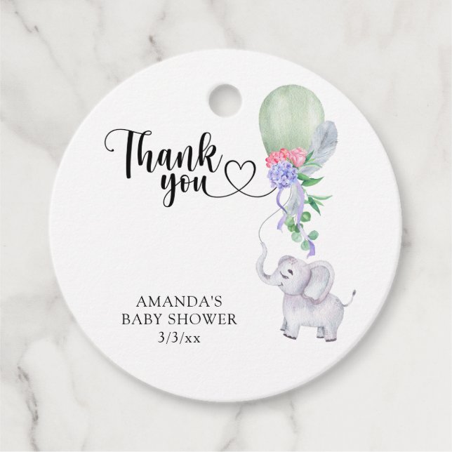 Étiquettes Cadeau Merci Balloon et Éléphant  (Devant)