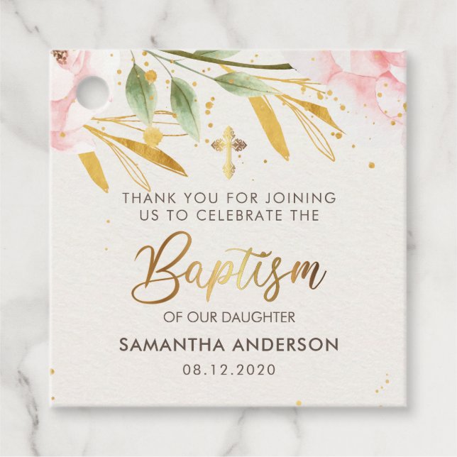 Étiquettes Cadeau Merci Baptême De Fille D'Aquarelle Or Et Rose (Devant)