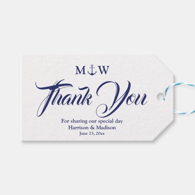 Étiquettes-cadeau Merci bleu marine blanc mariage d'ancre marine (Devant (Horizontal))