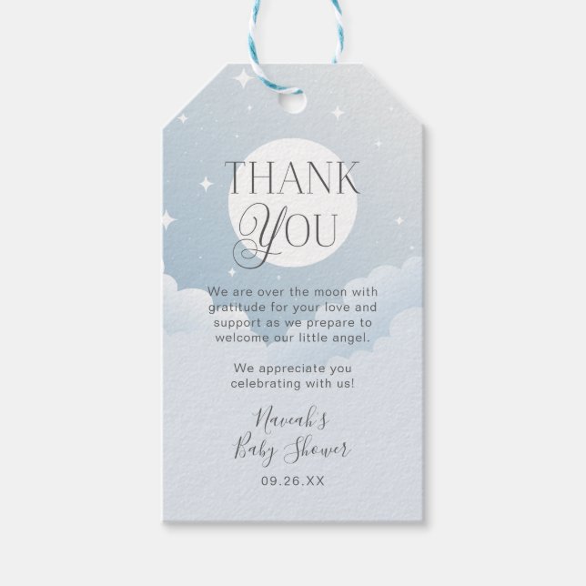 Étiquettes-cadeau Merci Bleu Nuages Lune Étoiles Baby shower Favoris (Devant)