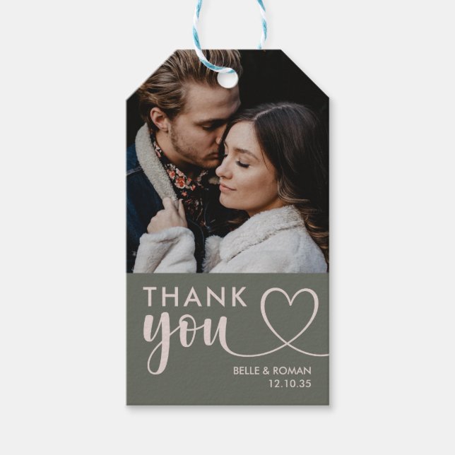 Étiquettes-cadeau Merci Calligraphie Green Photo Mariage (Devant)