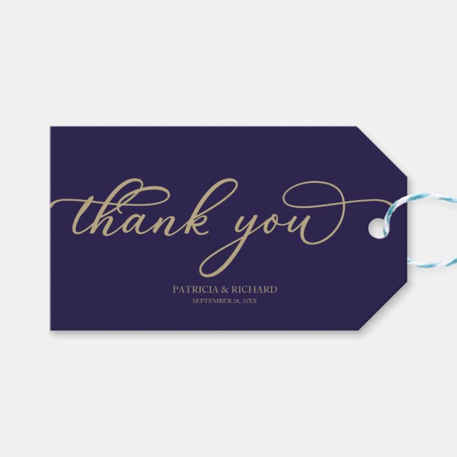 Étiquettes-cadeau Merci - Chic Gold Script Marine Mariage bleu marin (Devant (Horizontal))