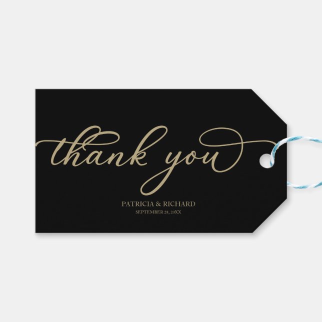 Étiquettes-cadeau Merci - Chic or script noir mariage (Devant (Horizontal))