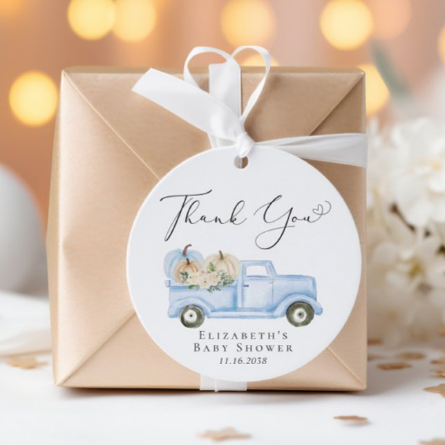 Étiquettes Cadeau Merci citrouille Baby shower de camion bleu (Créateur téléchargé)