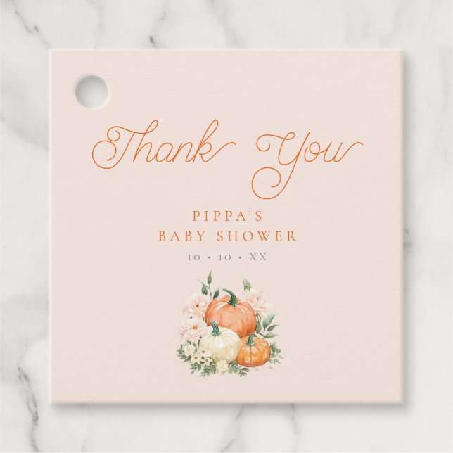 Étiquettes Cadeau Merci citrouille rose et Baby shower orange (Devant)