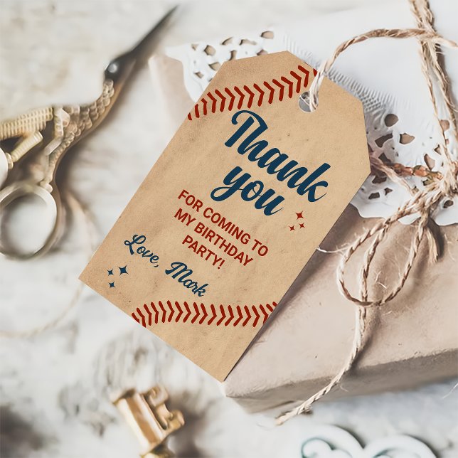 Étiquettes-cadeau Merci d'anniversaire de baseball vintage (Créateur téléchargé)