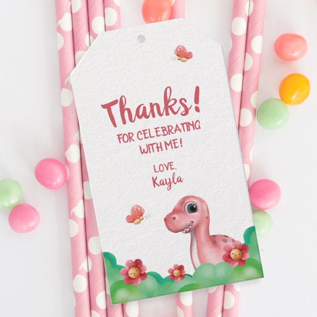 Étiquettes-cadeau Merci d'anniversaire de Dinosaure pour fille (Personalized Girl's Dinosaur Birthday Party Favor Tag)