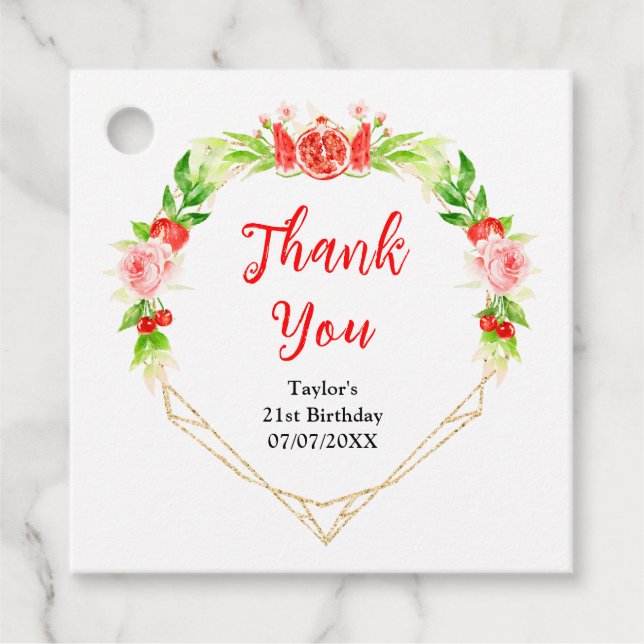 Étiquettes Cadeau Merci d'anniversaire de la grenade à pastèque (Devant)