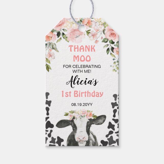 Étiquettes-cadeau Merci d'anniversaire de la vache Moo (Devant)