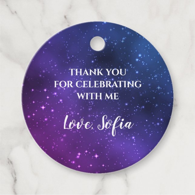 Étiquettes Cadeau Merci d'anniversaire Galaxy Tag Universe violet (Devant)